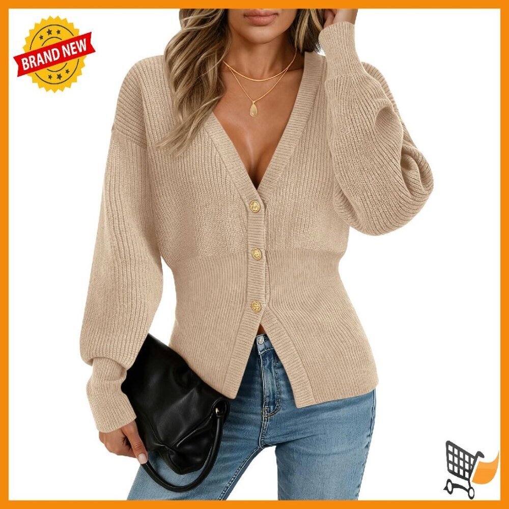 Chunky Knit V-Neck Cardigan Button Down Open Front Sweater